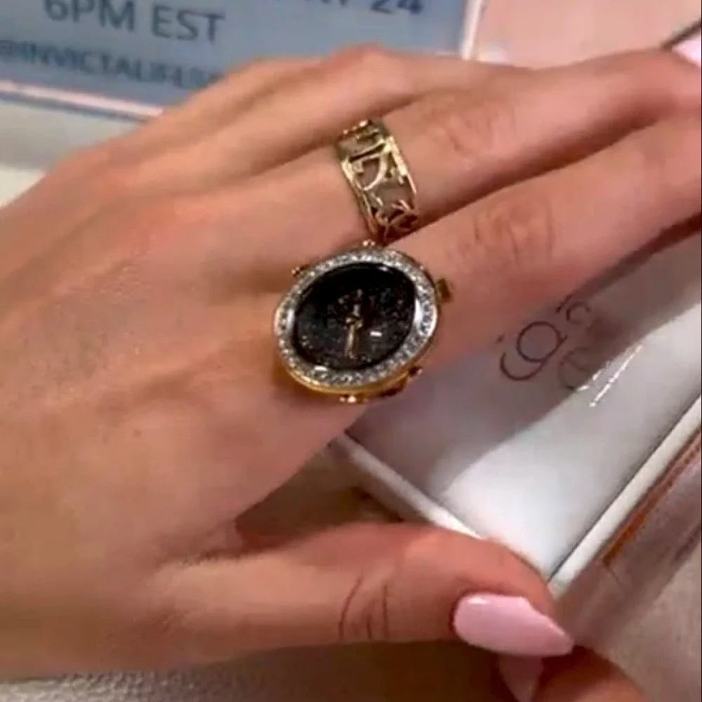Invicta Angel 49601 Women Gold Tone Crystal Charcoal Glitter Dial Ring Watch NIB